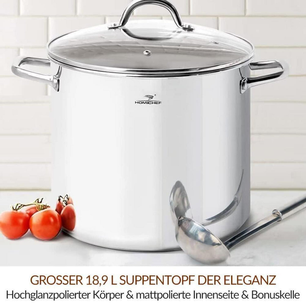 Großer Edelstahl-Suppentopf 18,9L mit Deckel – Induktionsgeeignet