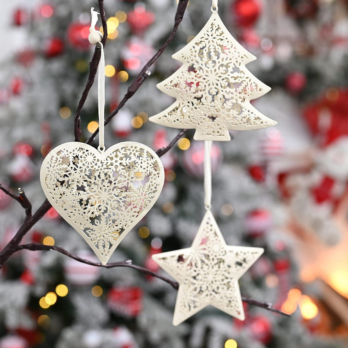 6er Set Metall Weihnachtsanhänger hohles Herz Stern Baum