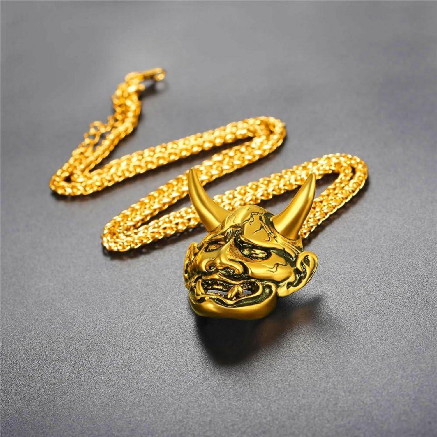 Herren Dämonenschädel Anhänger Halskette Punk Gothic Skull Kette Gold