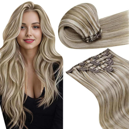 Echthaar Clip-In Haarverlängerung, Hellbraun/Platinblond, 45cm