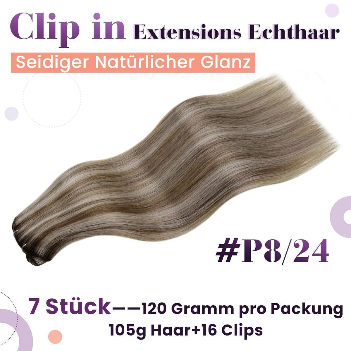 Echthaar Clip-In Haarverlängerung, Hellbraun/Platinblond, 45cm