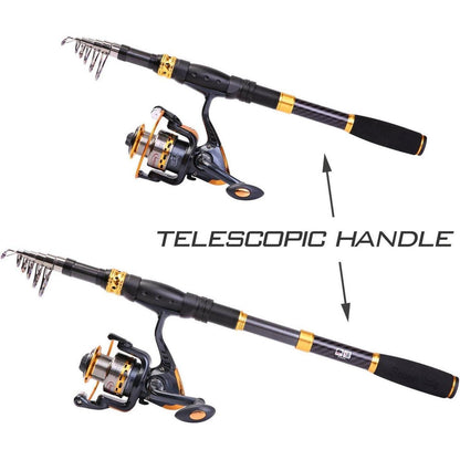 Teleskop Angelruten-Set Kohlefaser mit Spinnrolle für Süß- & Salzwasser