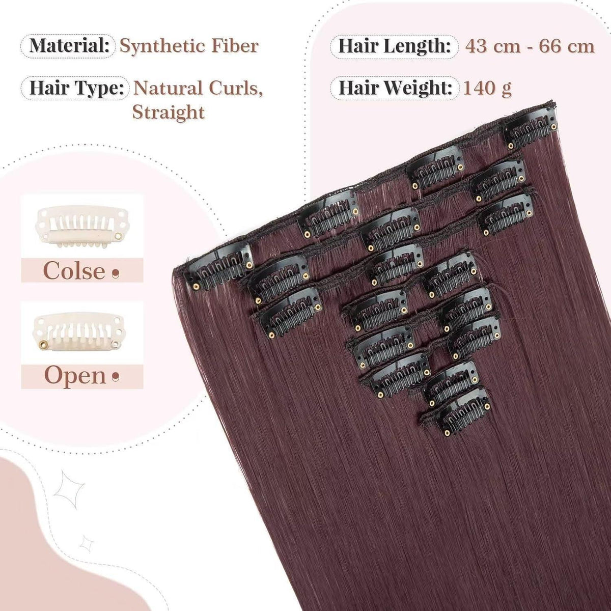 Weinrote Clip-in Haarverlängerung – 66cm, 140g, 8 Tressen