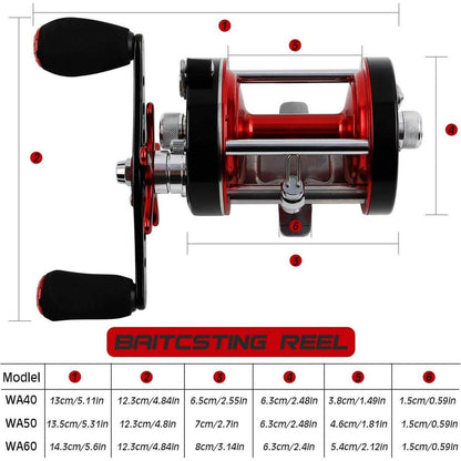 Runde Baitcast Angelrolle mit starkem Carbon-Drag, Rot-Schwarz