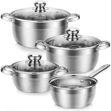 7-teiliges Edelstahl Kochtopf Set mit Glasdeckeln