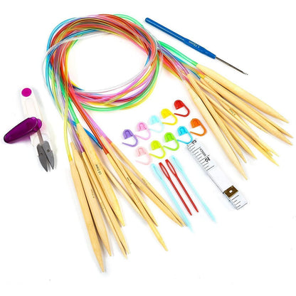 Bambus Stricknadel Set mit Zubehör – 10 Paar Rundstricknadeln