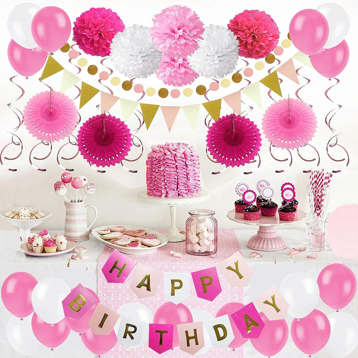 ZERODECO Geburtstagsdeko Happy Birthday Party Set Rosa