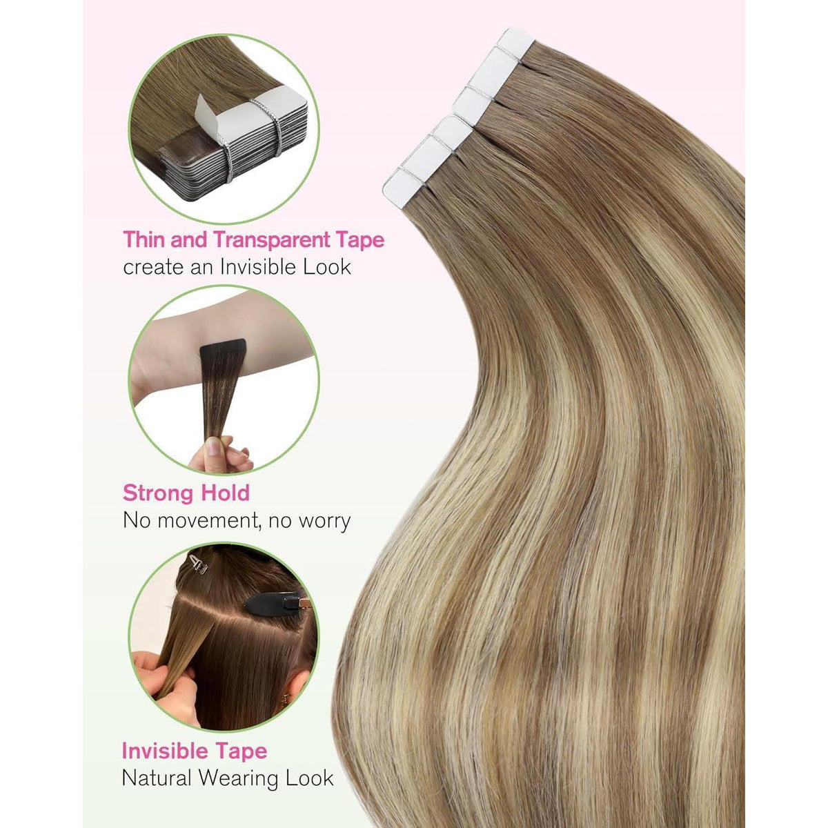 Echthaar Tape-in Extensions Hellbraun Ombre Blond 40cm