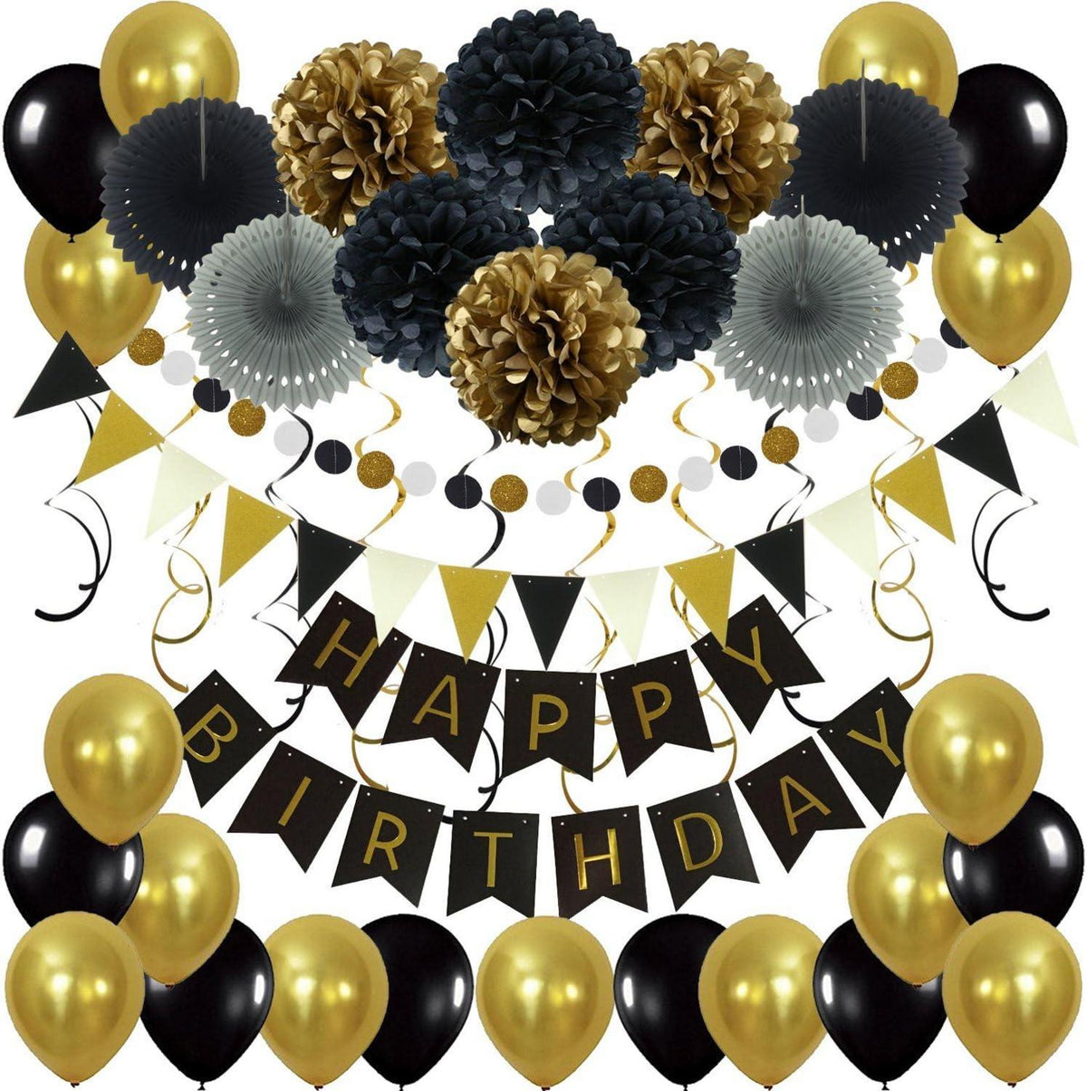 Geburtstagsdeko-Set mit Wimpelkette, Papier Fans, Pompoms, Girlanden