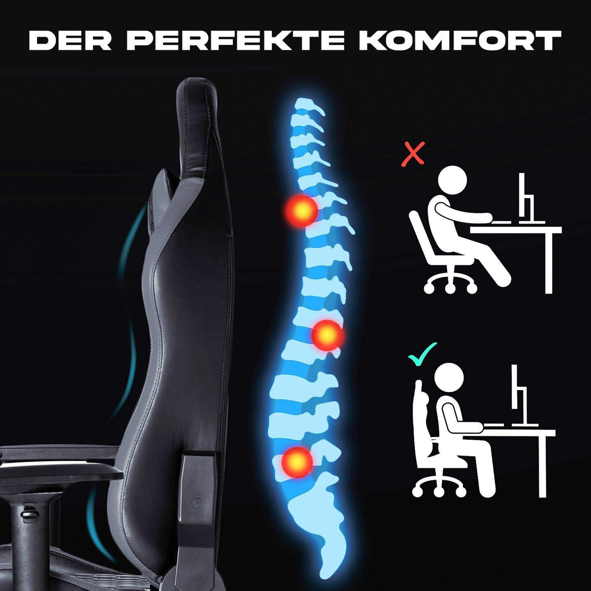 KLIM Esports Gaming Stuhl mit Lenden- & Nackenstütze - Verstellbar - Ergonomisch - 150 kg Belastbarkeit - Schwarz