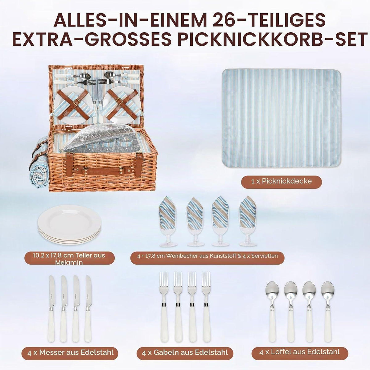 Weiden Picknickkorb Set für 4 Personen mit Besteck & Decke