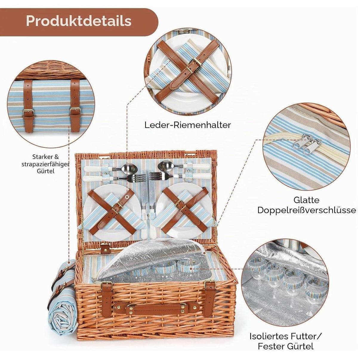 Weiden Picknickkorb Set für 4 Personen mit Besteck & Decke