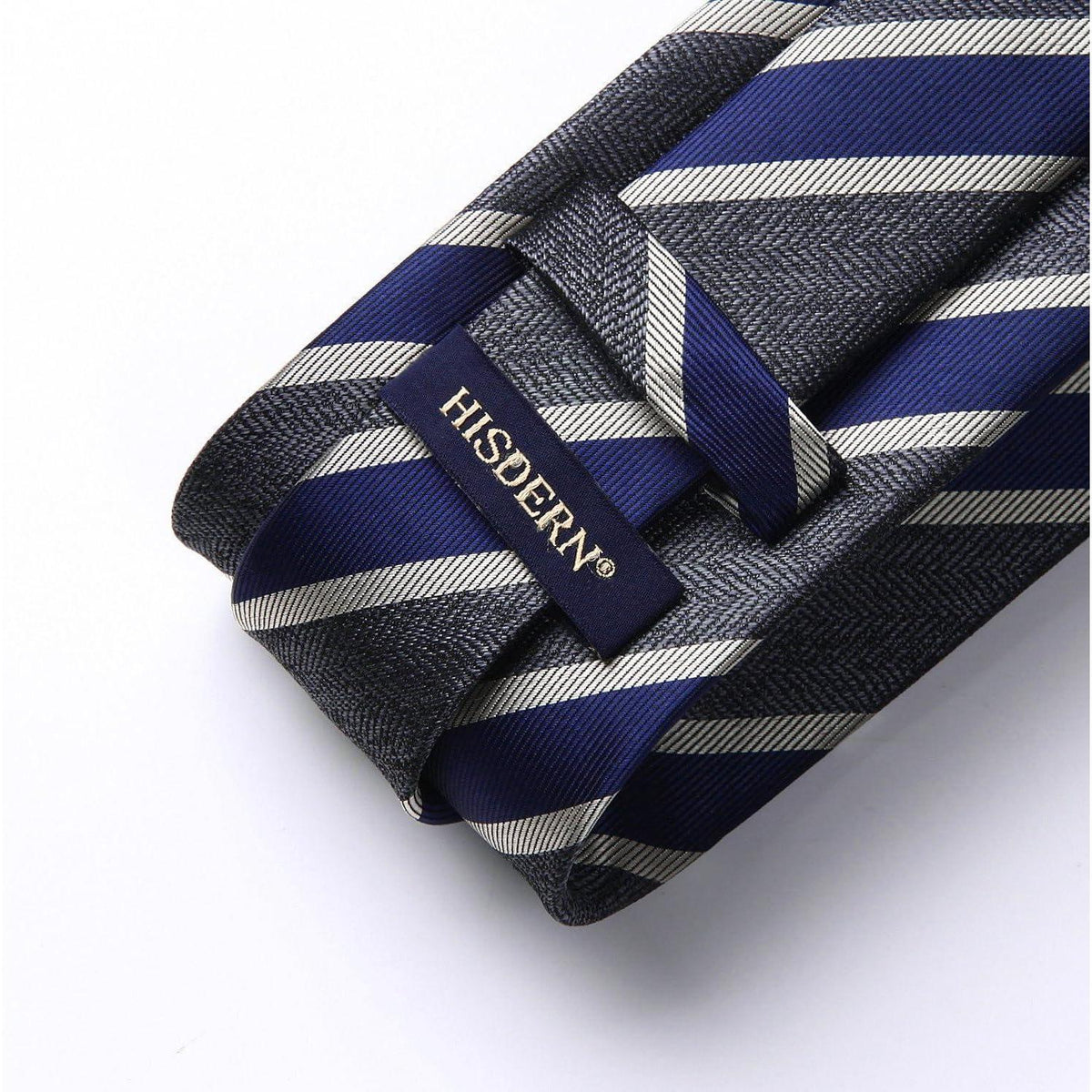 Herren Krawatten-Set mit Einstecktuch, gestreift, Grau & Marineblau