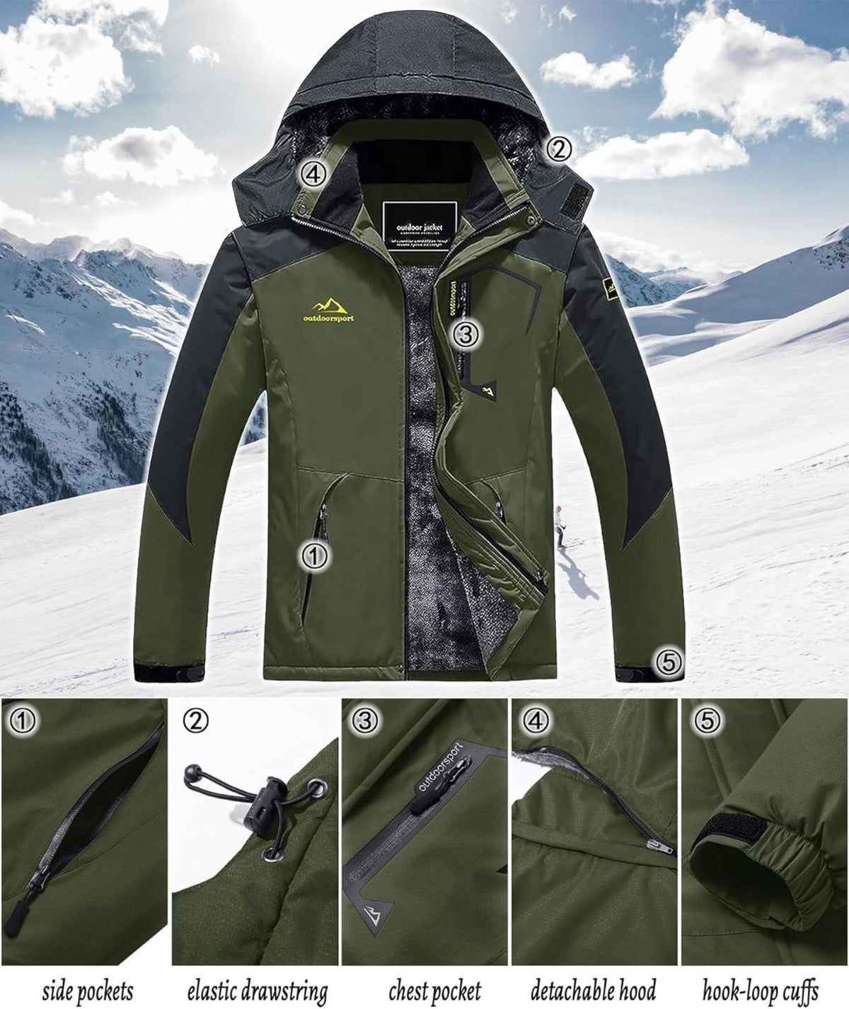 Herren Winterjacke Wasserdicht Winddicht Fleece Kapuze S