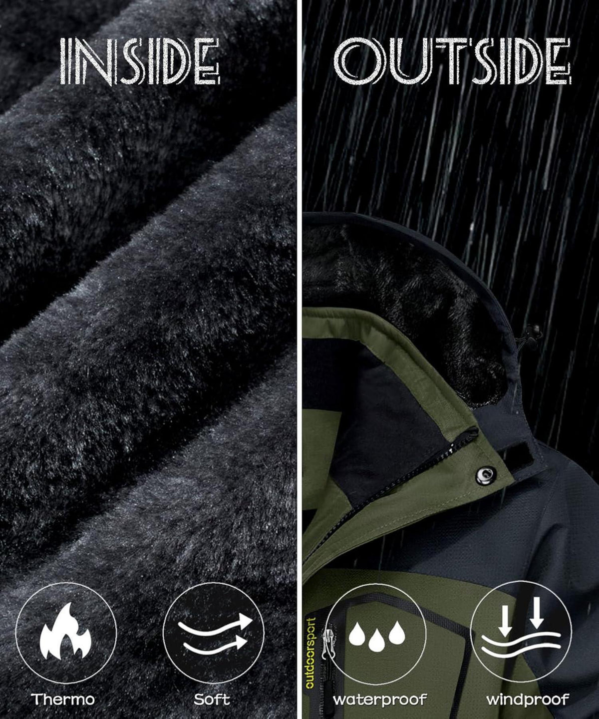 Herren Winterjacke Wasserdicht Winddicht Fleece Ski Kapuze S Armeegrün