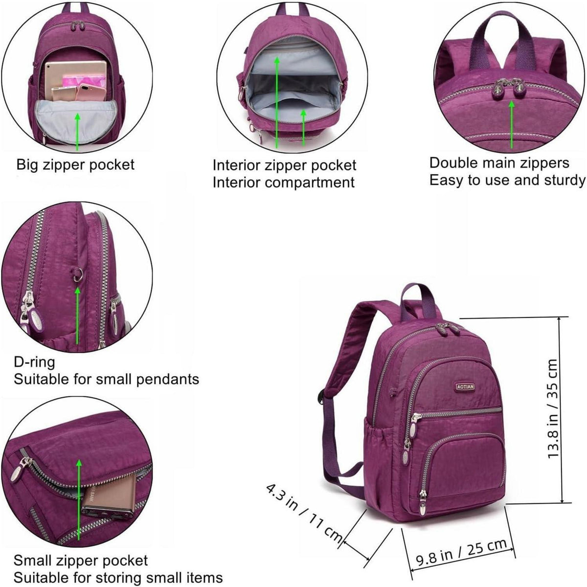 Damen Rucksack Nylon Leicht Klein Brunet Violett 9L