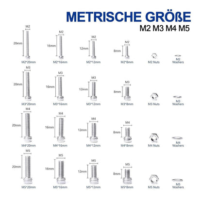 Edelstahl Schrauben Sortiment M2-M5 mit Muttern & Unterlegscheiben