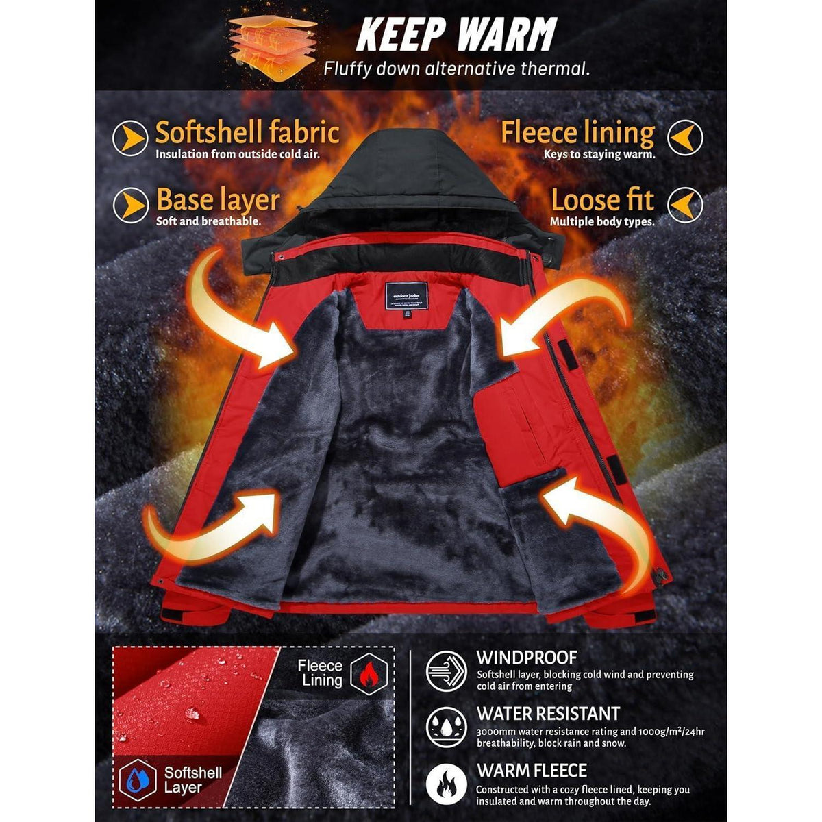 Herren Winterjacke wasserdicht & winddicht mit Fleece-Futter Rot