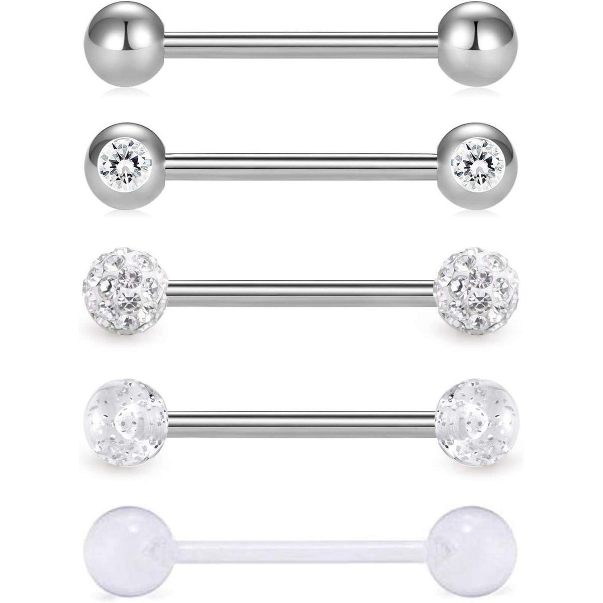 Zungenpiercing Set 5 Stück 16mm Barbell 1,6mm Chirurgenstahl Kunststoff