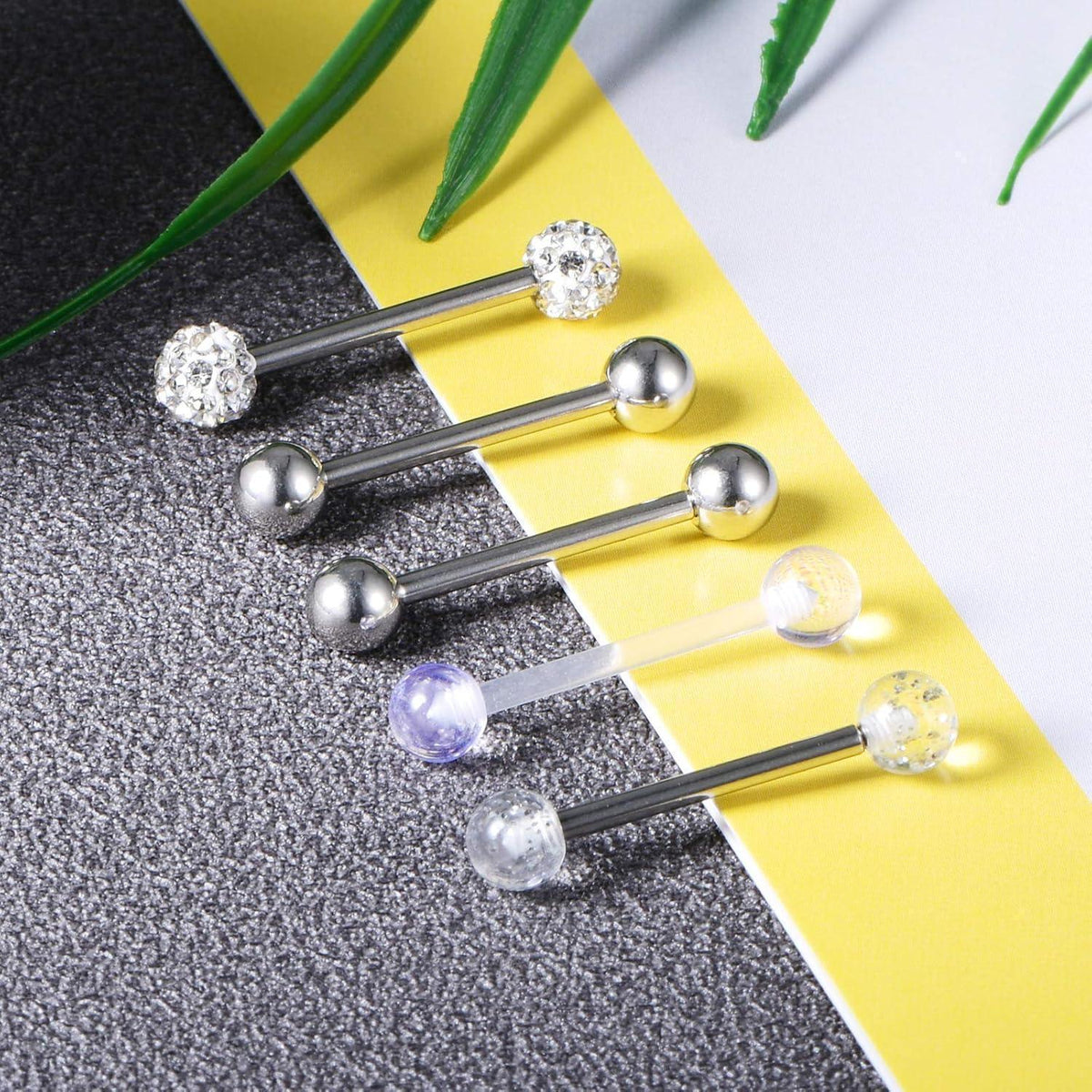 Zungenpiercing Set 5 Stück 16mm Barbell 1,6mm Chirurgenstahl Kunststoff