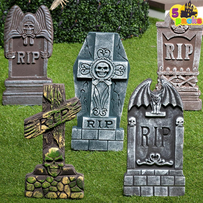 Halloween Grabsteine Set mit 5 Stück Schaumstoff RIP 43cm & 12 Metall