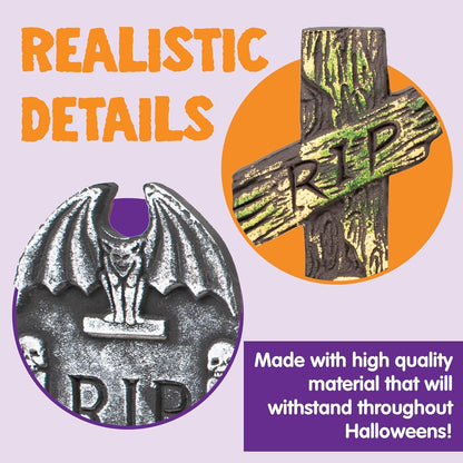 Halloween Grabsteine Set mit 5 Stück Schaumstoff RIP 43cm & 12 Metall