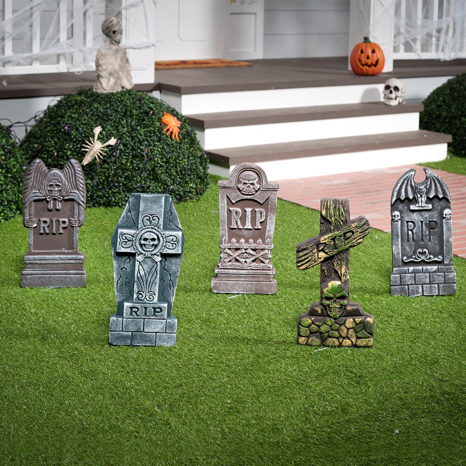 Halloween Grabsteine Set - 5 Stück 43cm Schaumstoff RIP mit 12 Metall Bodenspitze