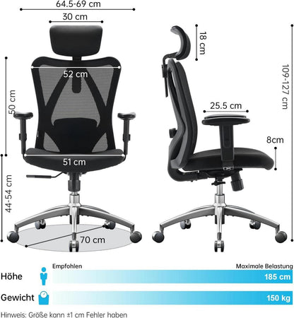 Ergonomischer Bürostuhl mit Lordosenstütze, Kopfstütze, Armlehne