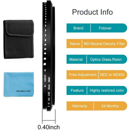 Fotover 82mm Variabler ND Filter ND2-ND400 für DSLR Kamera
