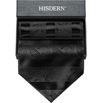 Herren Ascot Krawattenschal Set Paisley Blumen Einstecktuch Schwarz