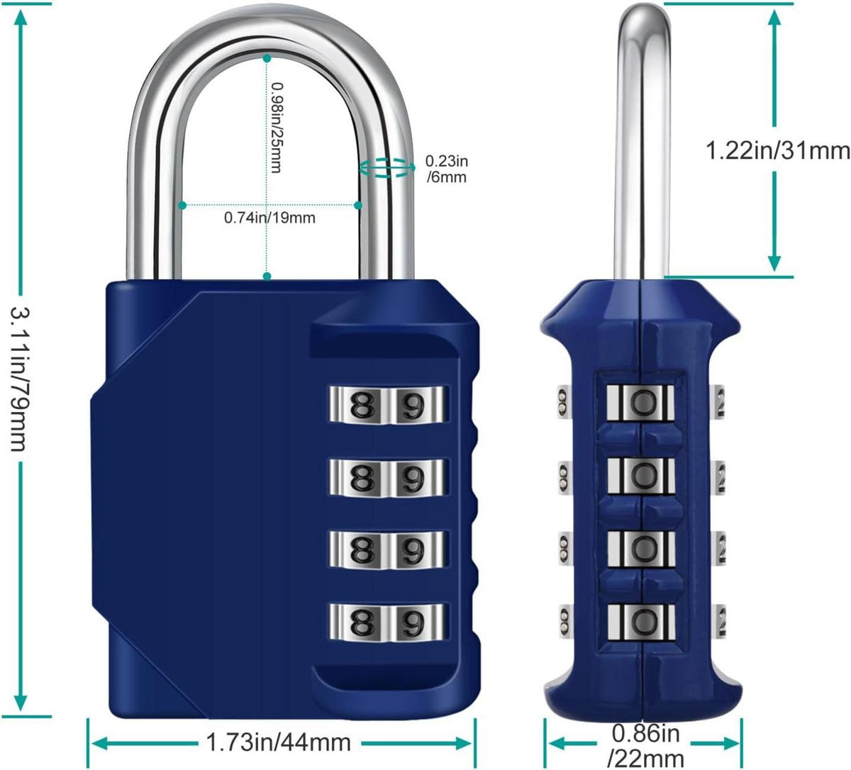 ZHEGE 4-stelliges Zahlenschloss für Fitnessstudio und Schule, 2 Stück Blau