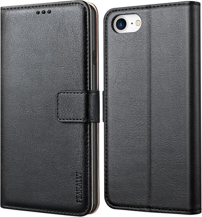 iPhone SE 2022 Schwarz Leder Flip Hülle mit Standfunktion