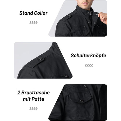Herren Übergangsjacke Cargo Militärjacke Winddicht Viele Taschen Schwarz