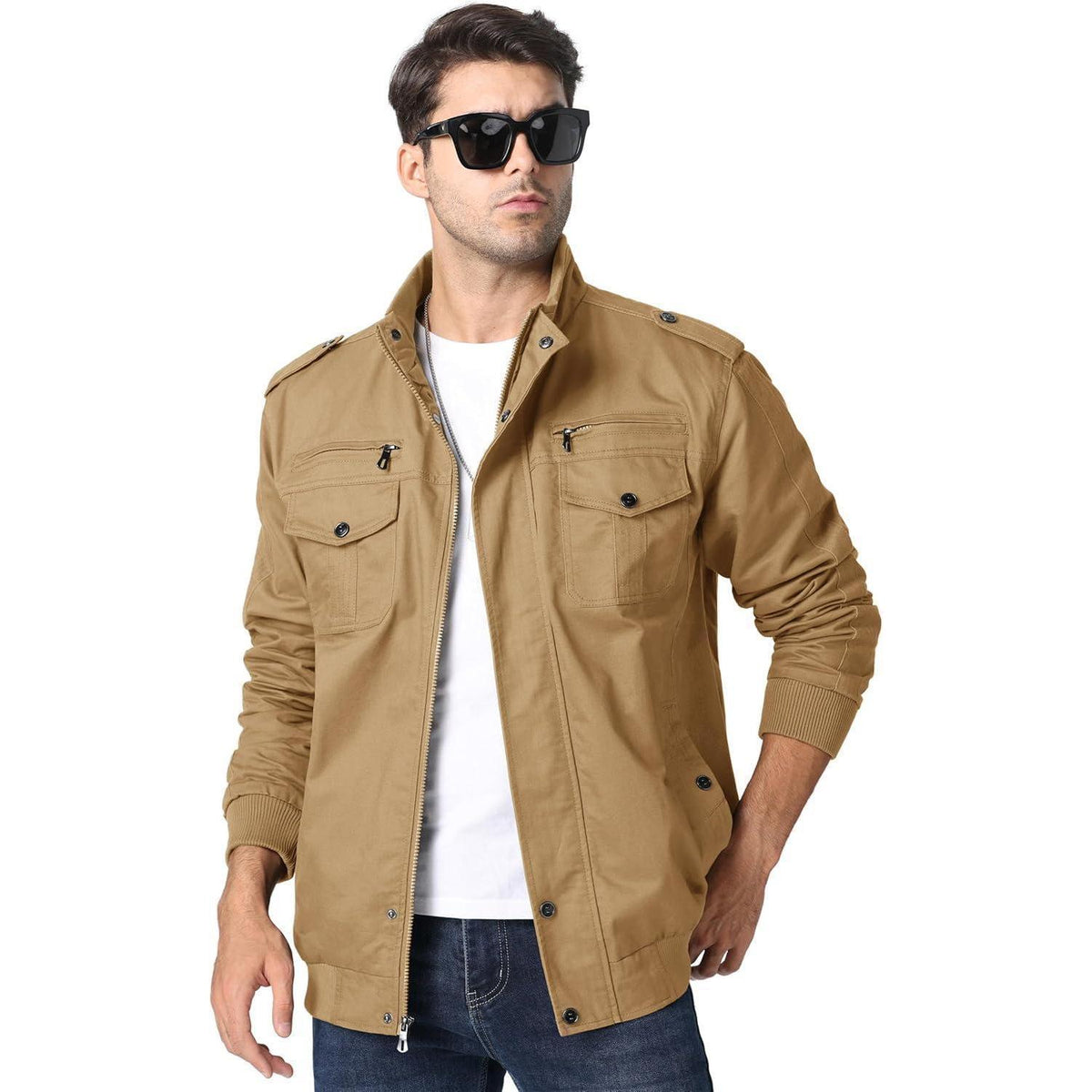 Herren Übergangsjacke Cargo Militärjacke Winddicht Viele Taschen Khaki