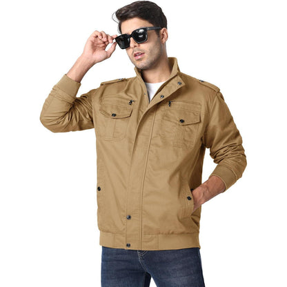 Herren Übergangsjacke Cargo Militärjacke Winddicht Viele Taschen Khaki