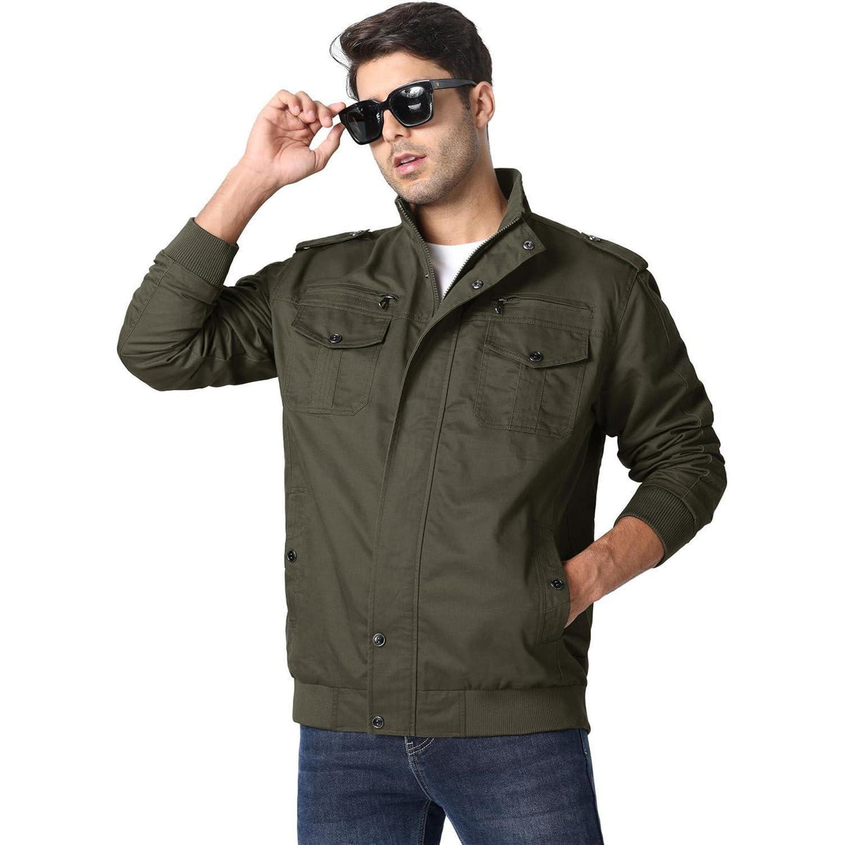 Herren Übergangsjacke Cargo Militärjacke Winddicht Vieltaschen Grün