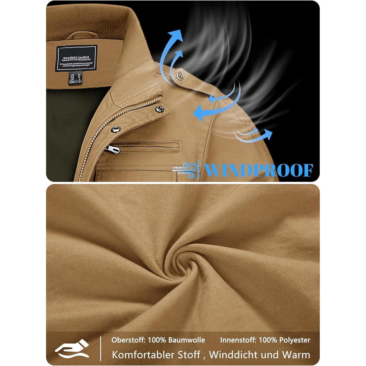 Herren Übergangsjacke Cargo Militärjacke Winddicht Viele Taschen