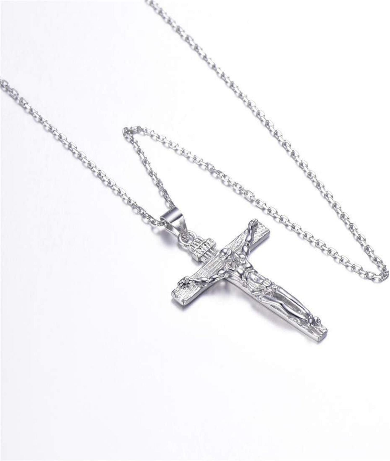 U7 Edelstahl Kreuz Halskette INRI Jesus Christus Anhänger 925 Silber 55cm