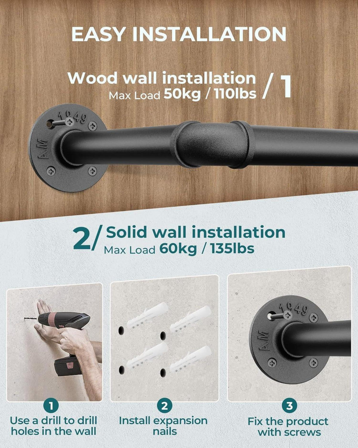 Wandmontiertes Kleidergestell für Garderobe und Waschküche 97cm Schwarz