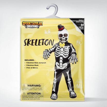 Kinder Skelett Kostüm Glow in the Dark Halloween Schwarz Größe M