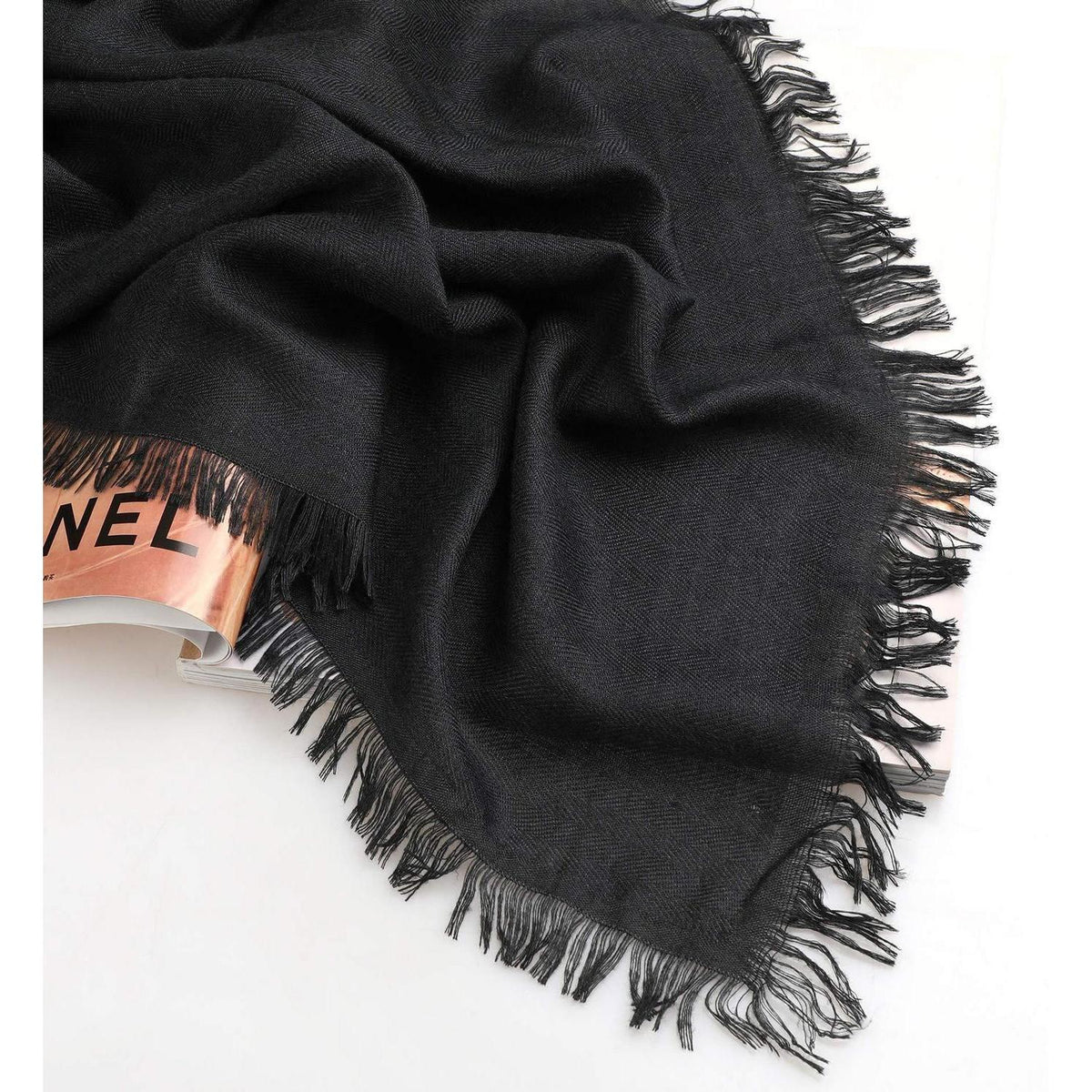 Damen Halstuch Baumwolle Quadratisch mit Fransen Schwarz 140x140cm