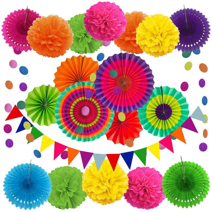 Party Deko Set: Papier Pompoms, Wimpel & Girlande Mehrfarbig