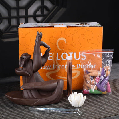 Lotus Räucherstäbchenhalter Keramik mit Rückflusskegeln & Stäbchen