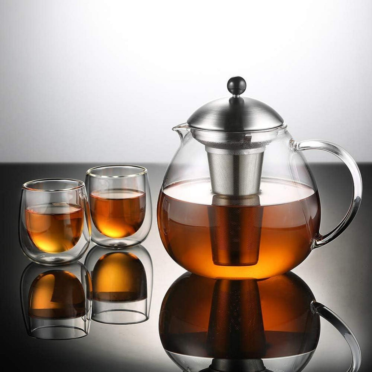 Silberne Glas Teekanne 1500ml Edelstahl Teesieb Borosilikat Teebereiter