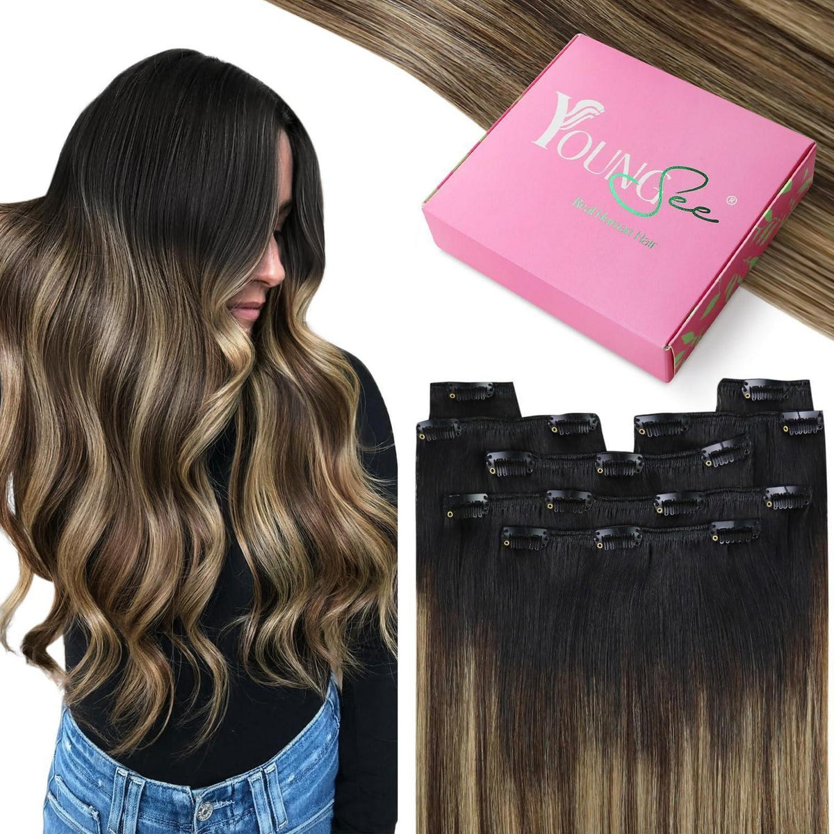 Clip-in Echthaar Extensions Schwarz Balayage Braun Blond