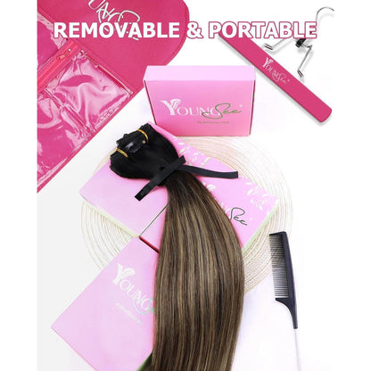 Clip-in Echthaar Extensions Schwarz Balayage Braun Blond