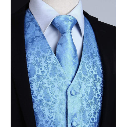 Herren Anzugweste mit Krawatte und Einstecktuch Paisley Blau XXL