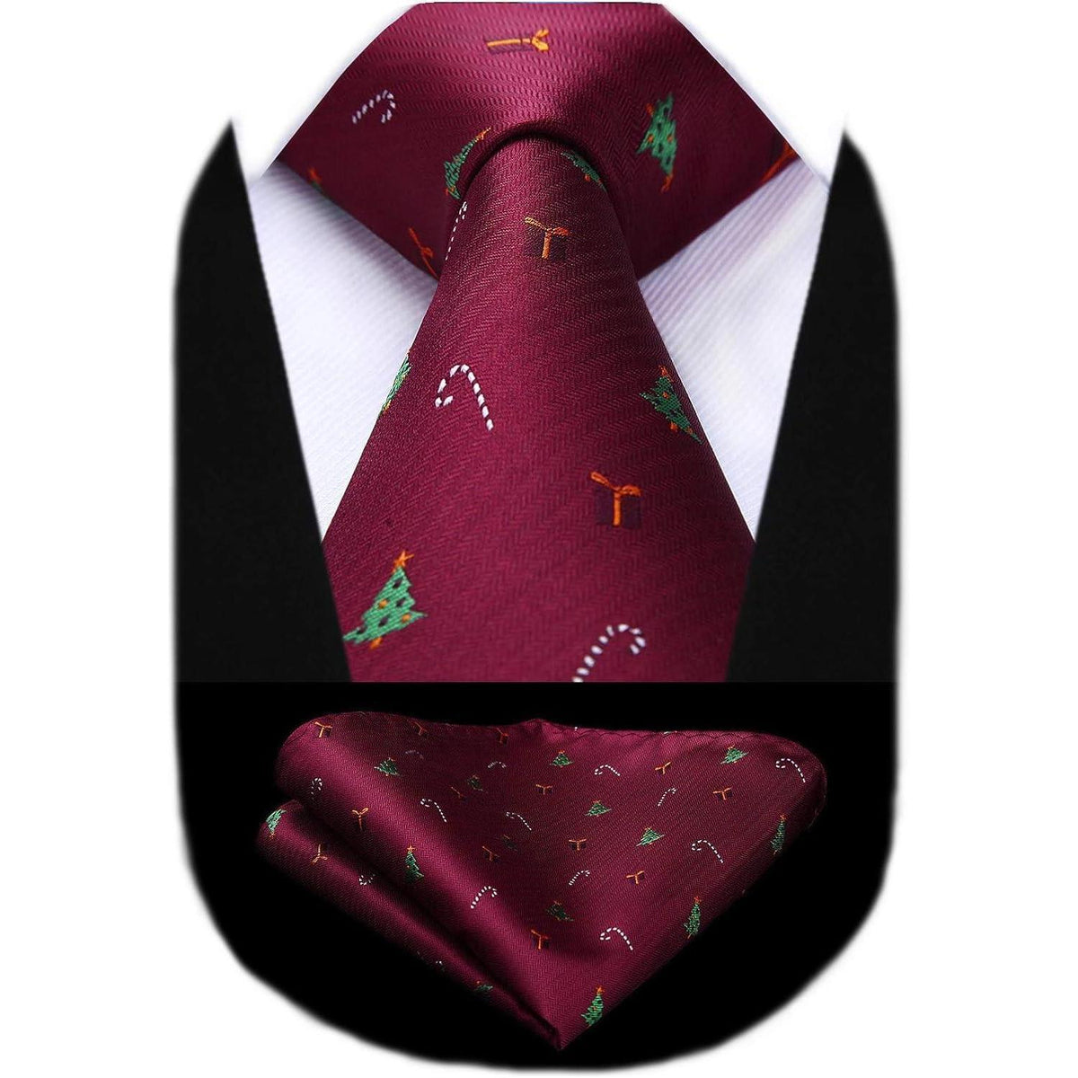 Herren Krawatte & Einstecktuch Set Weihnachtsmuster Burgund/Grün