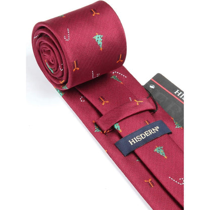 Herren Krawatte & Einstecktuch Set Weihnachtsmuster Burgund/Grün