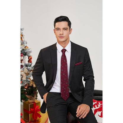 Herren Krawatte & Einstecktuch Set Weihnachtsmuster Burgund/Grün